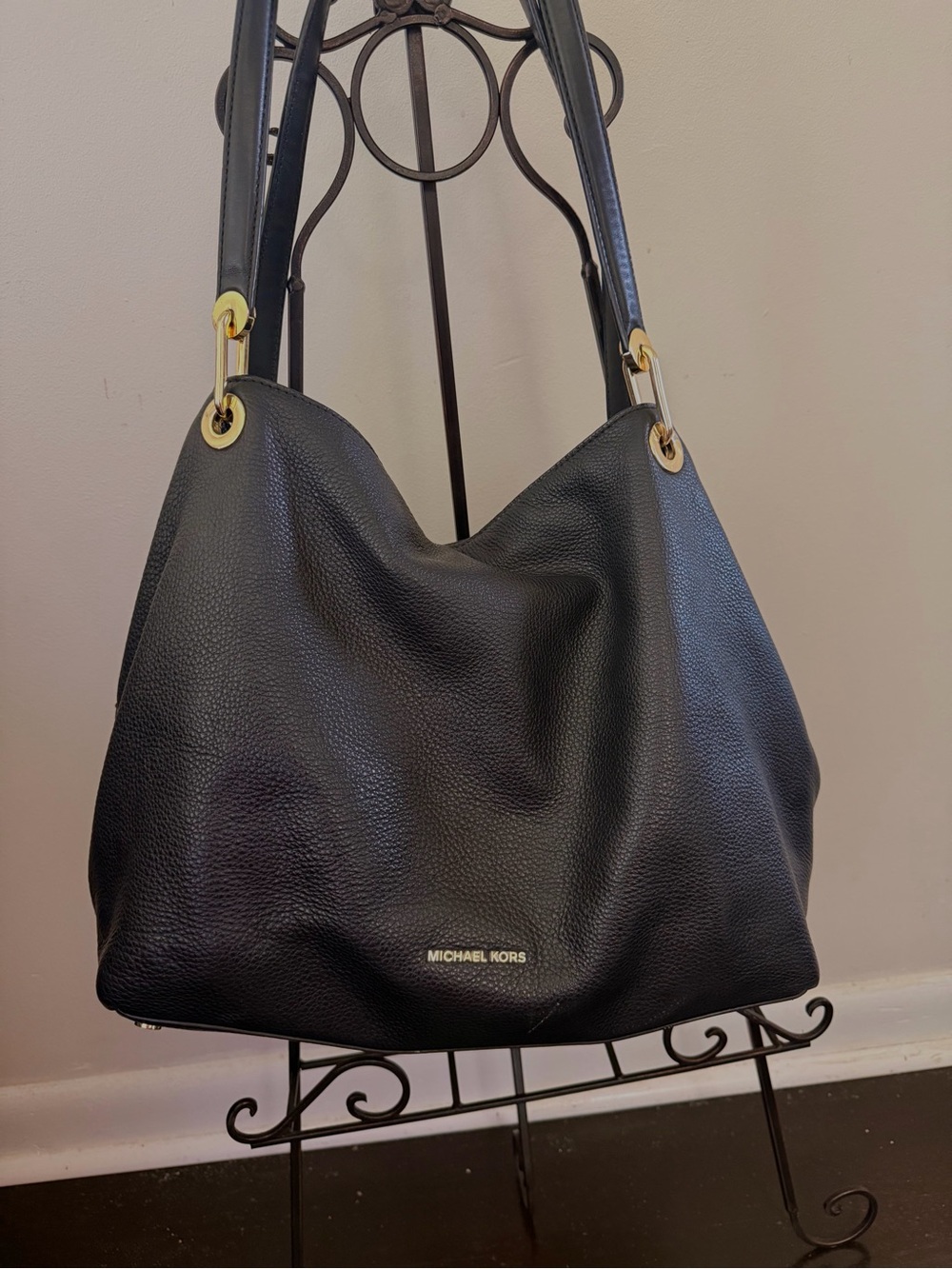 Michael Kors Black Pebbled Leather Shoulder Hobo with Gold Hardware